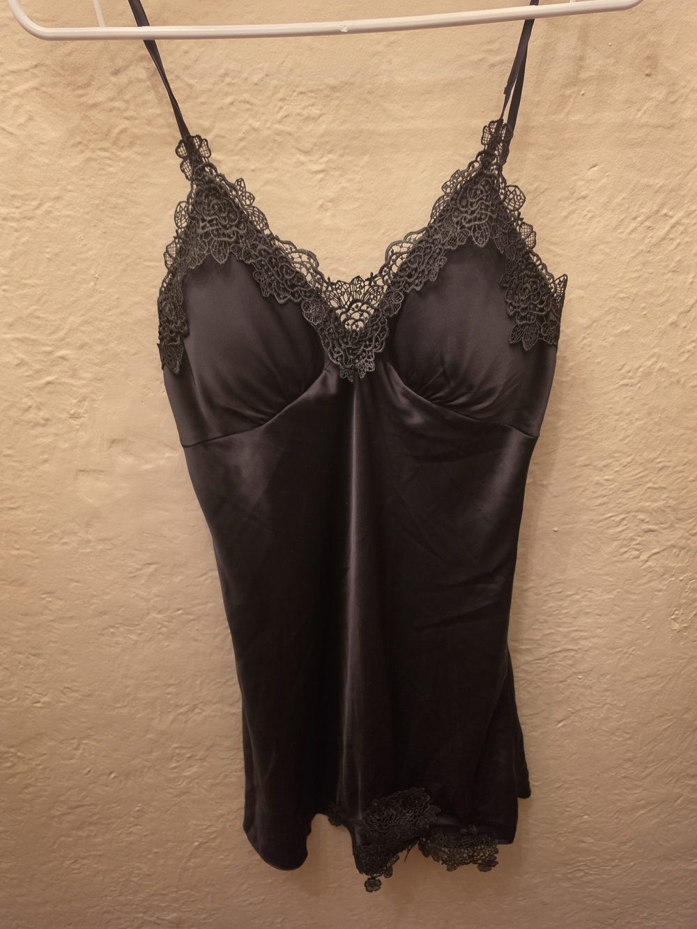 Black Satin Lace Appliqué Slip Dress Chemise Lingerie Nightgown L - Picture 5 of 10